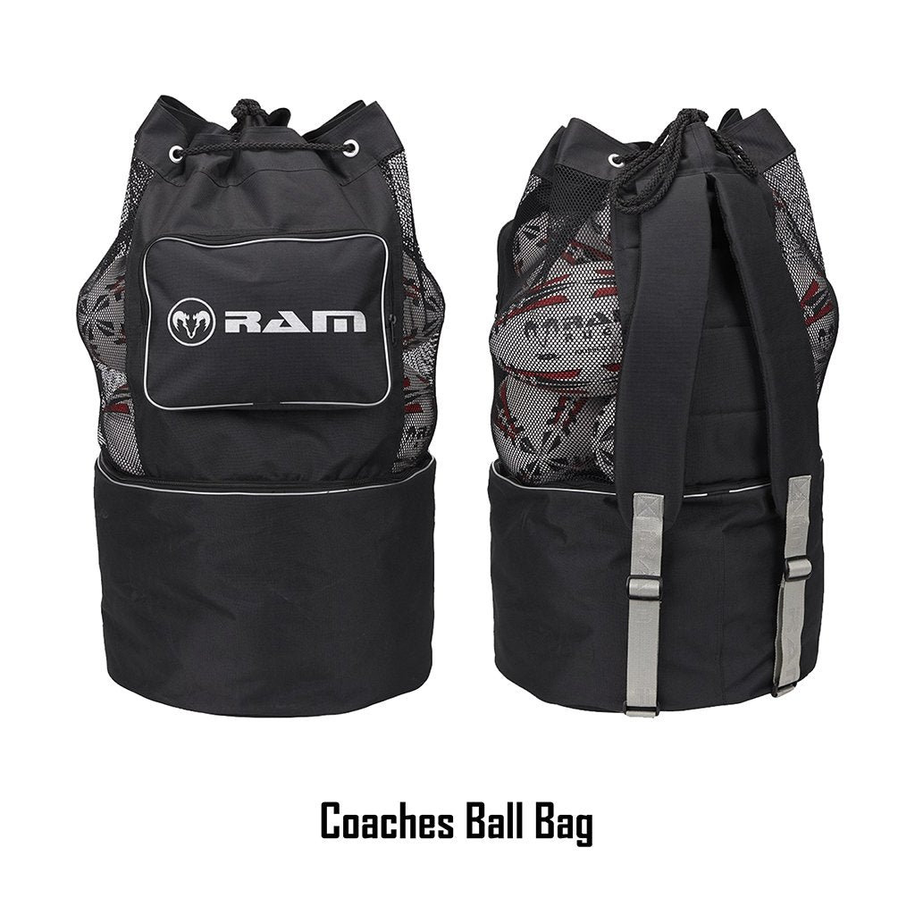 Thirty Ram Rugby Squad Trainer size 5 rugby balls stacked with two large breathable ball bags for storage and transport.