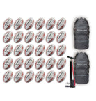 Thirty Ram Rugby Squad Trainer size 5 rugby balls neatly stacked with two breathable black storage bags for team training use