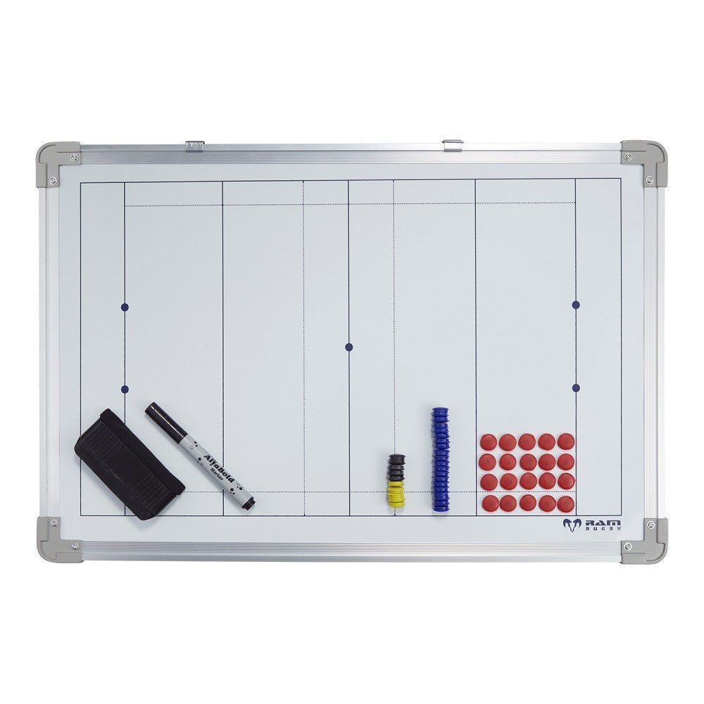 Ram Rugby tactics board with magnetic counters, whiteboard rugby pitch design, wall mountable and wipe-clean surface.