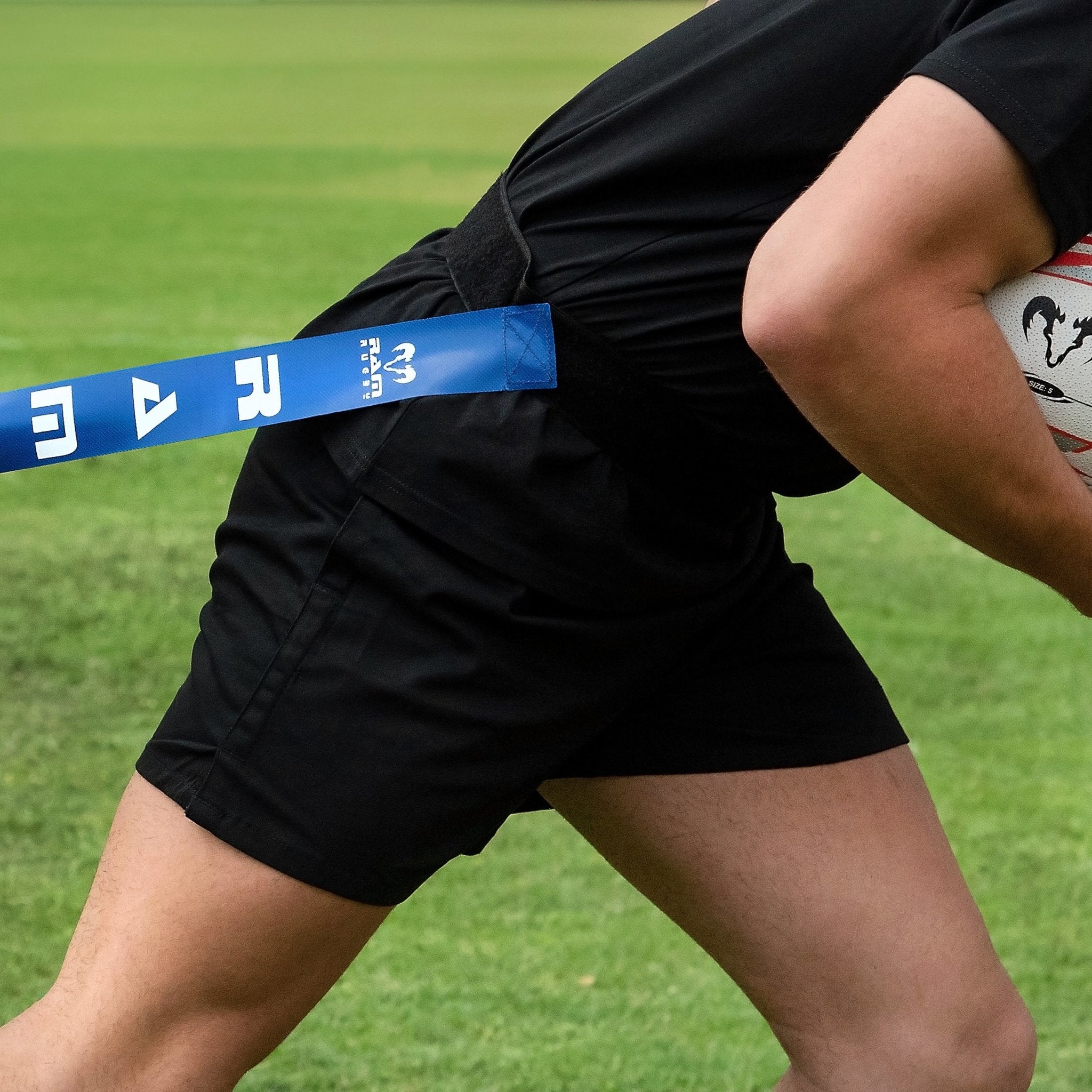 Ram Rugby Tag Rugby set showing 10 small adjustable belts and 20 durable PVC tags in red and yellow with carrying bag