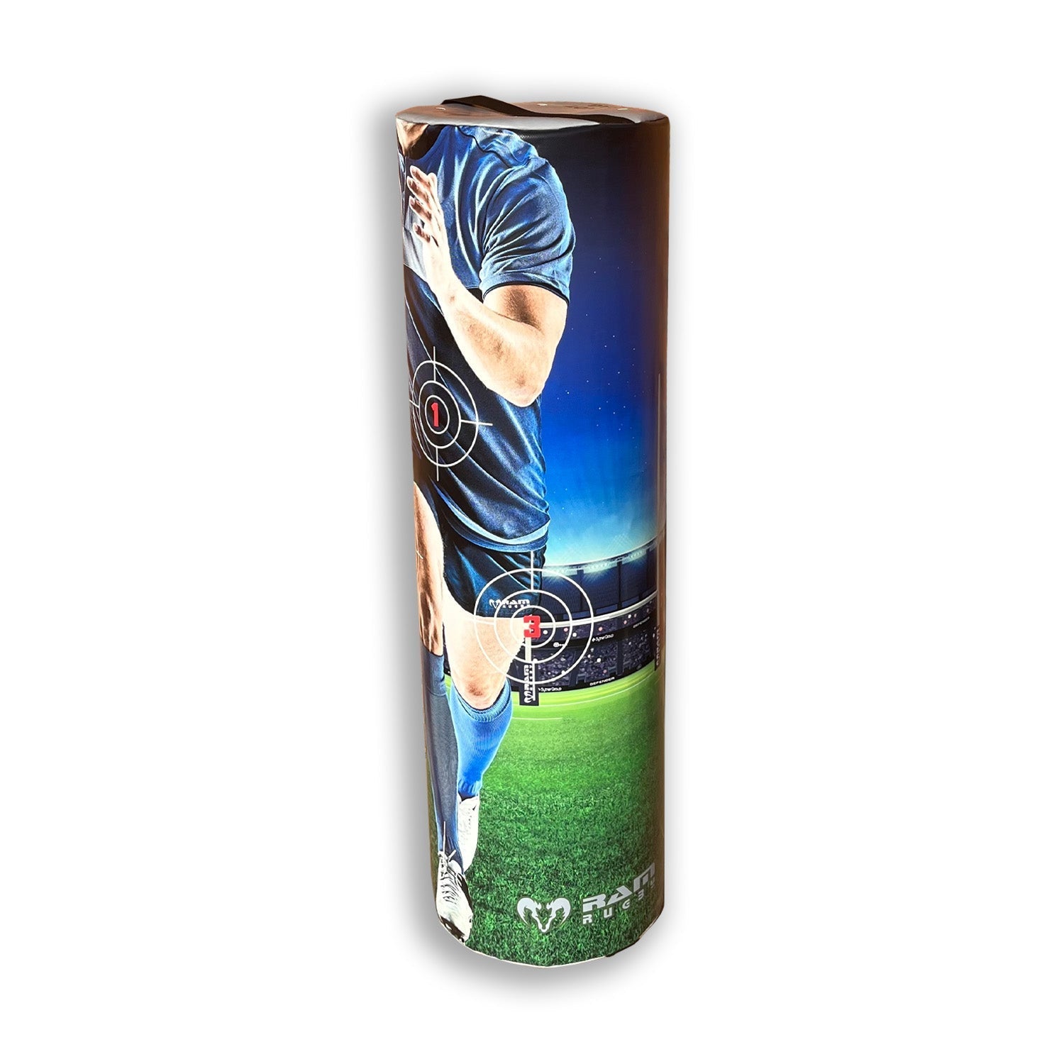Ram Rugby Target Tackle Bag showing left shoulder tackle area, durable padded training gear for safe rugby practice