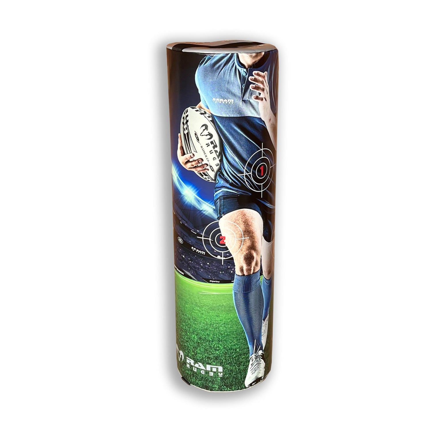 Ram Rugby Target Tackle Bags in blue and black with three distinct labeled tackle zones for rugby training safety and technique
