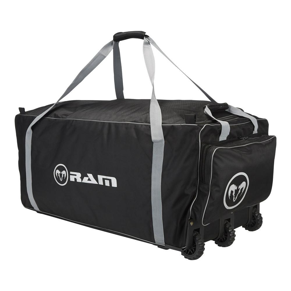 Ram Rugby Team Kit Bag Pro in black Cordura with wheels, spacious compartments, and sturdy end straps for sports gear transport
