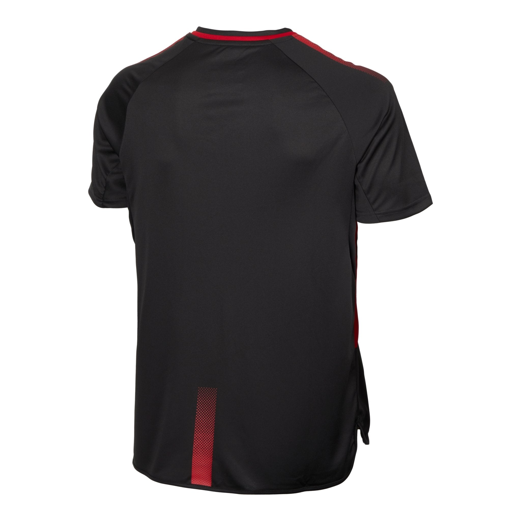 Ram Rugby Edge Technical T-shirt in black and red, lightweight 100% polyester micro knit with round neck, standard fit