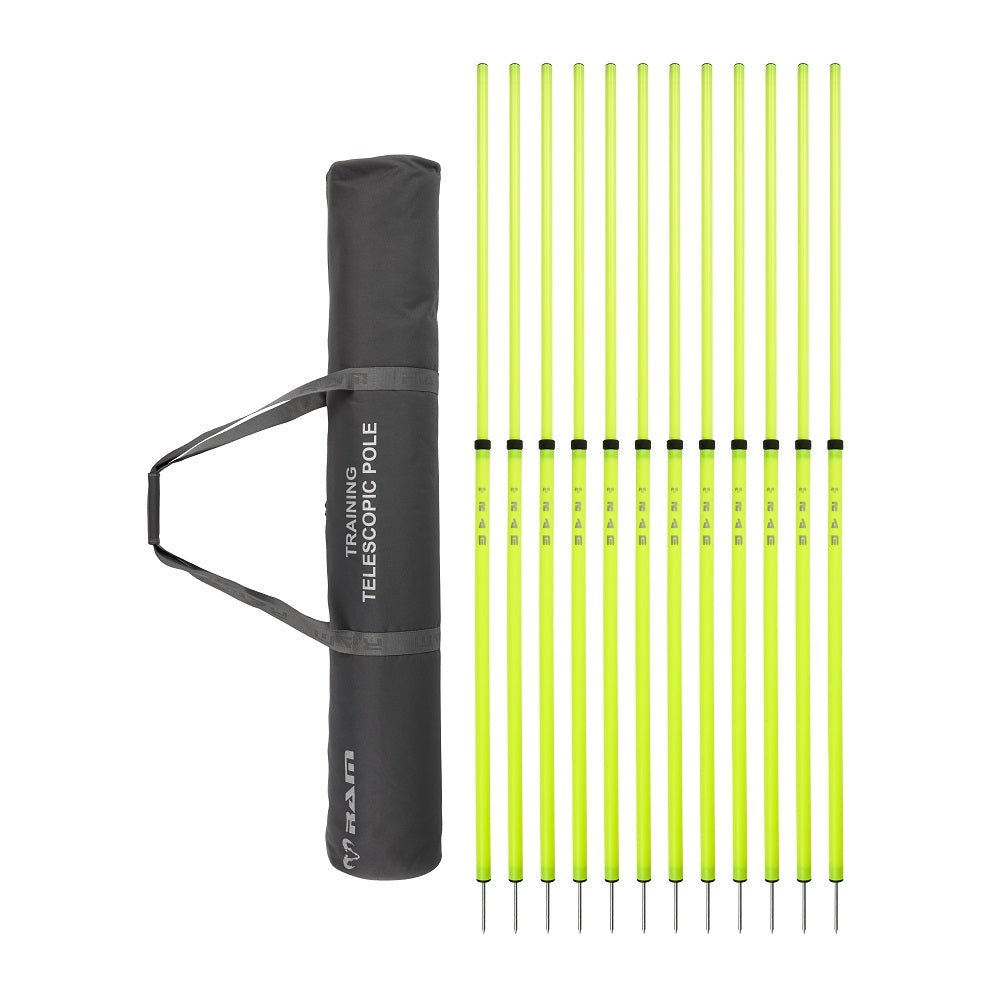 Ram Rugby set of 12 fluorescent yellow telescopic adjustable training poles with metal bases for rugby agility drills