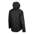 Ram Rugby Thermal Stadium Jacket in black with hood, water-repellent polyester, thermal padding, and high collar design