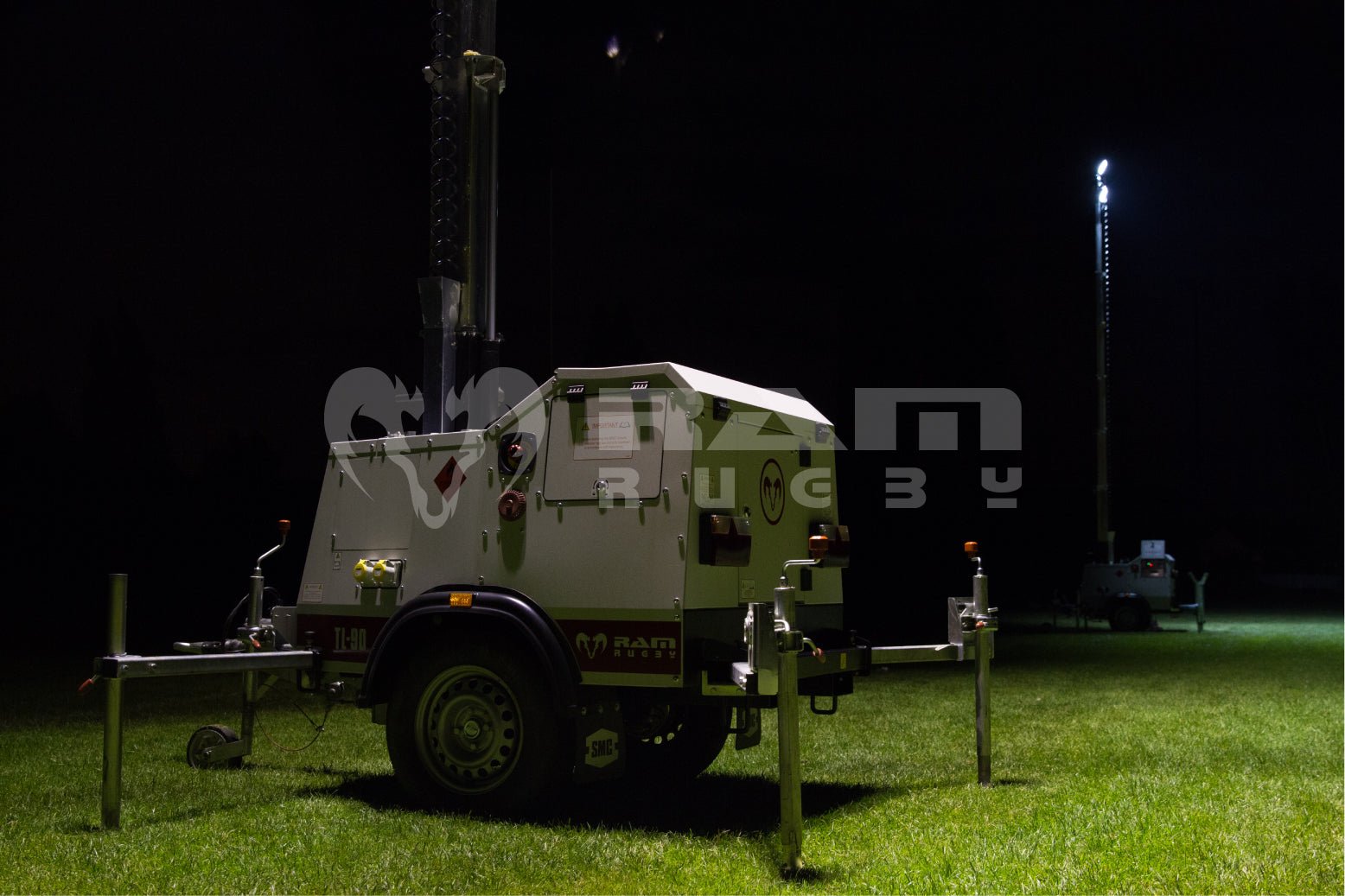 Ram Rugby TL-90 LED portable floodlight with 4x300W high-power lights mounted on adjustable tripod stand for sports lighting