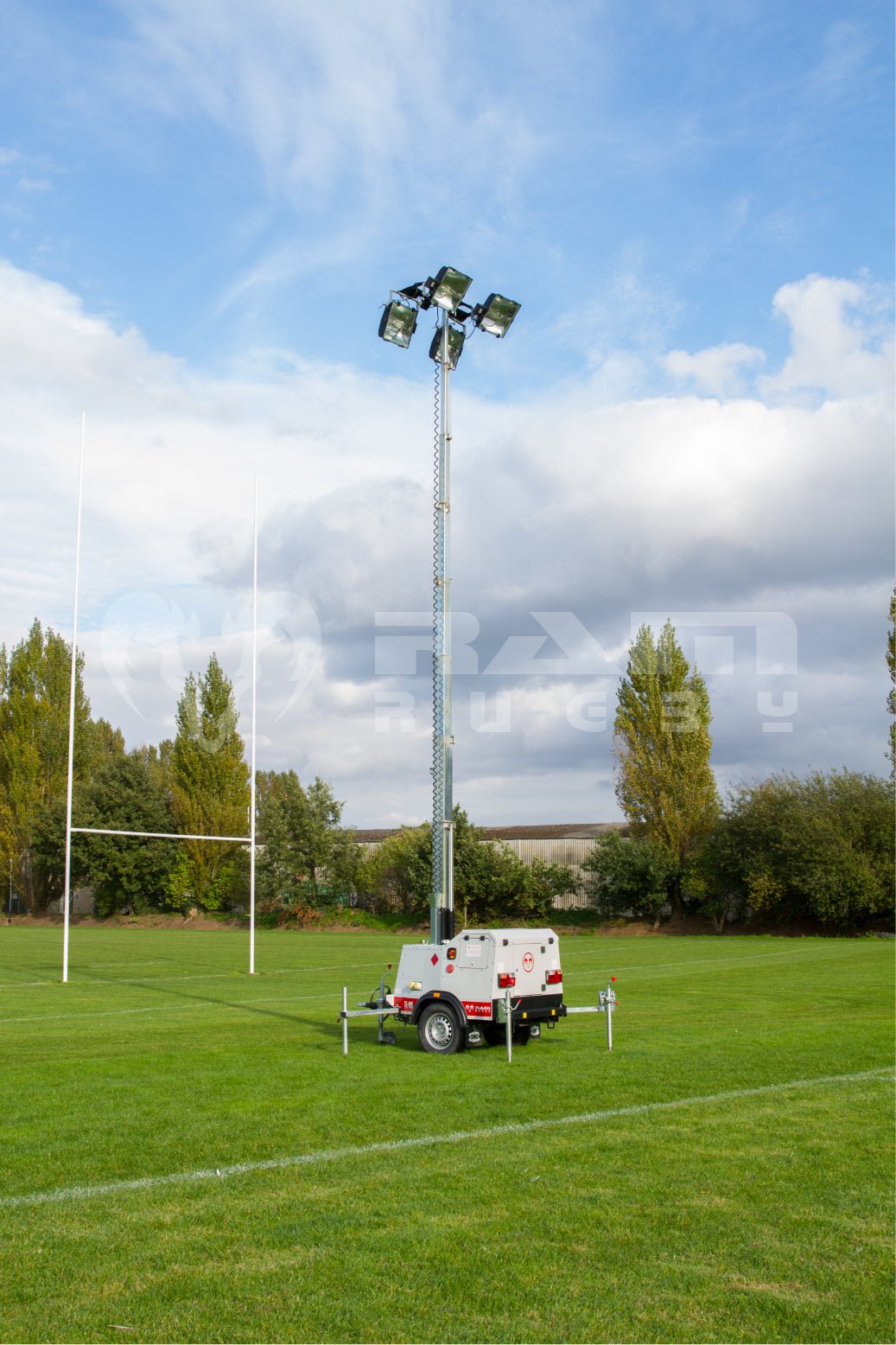 Ram Rugby TL-90 LED Floodlight with four 300W high-performance lamps on a portable, adjustable tripod stand for sports lighting