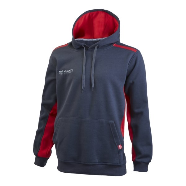 Ram Rugby women's navy red hooded sweatshirt in cotton blend with regular fit, front pouch pocket, and drawstring hood