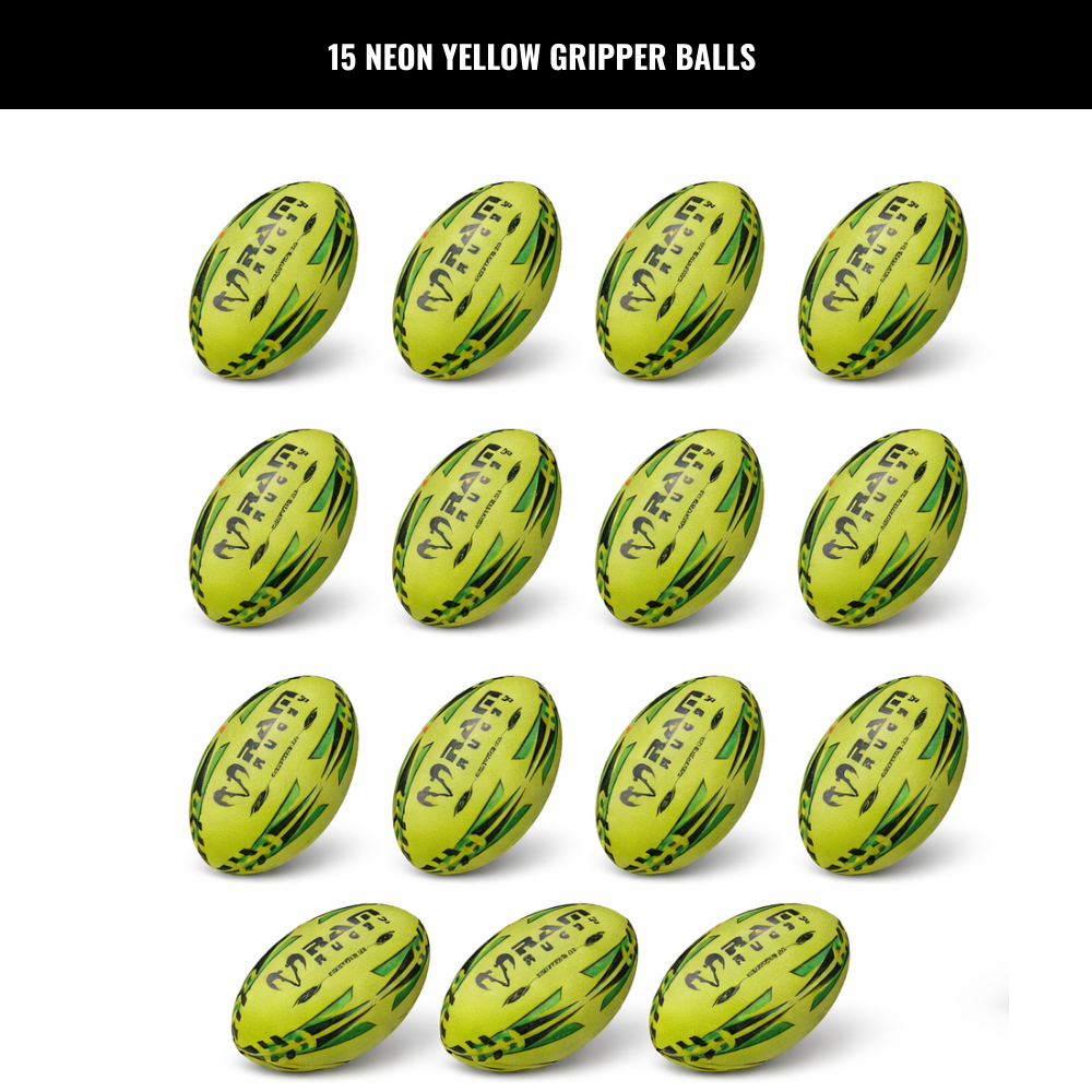 Ram Rugby Gripper 2.0 Pro Trainer Neon Ball Bundle 15 Bälle mit 1 Tasche